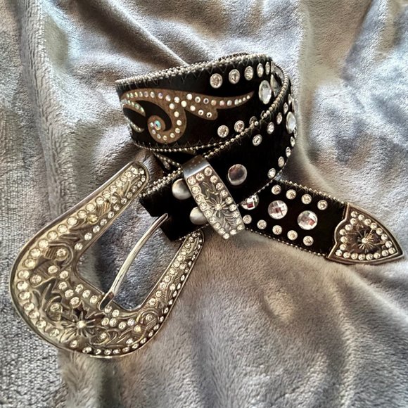 Black Leather Rhinestone Bling Belt Size L - Picture 2 of 13